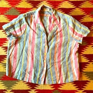 Frame Denim Button-Up Short Sleeve Striped Blouse M
